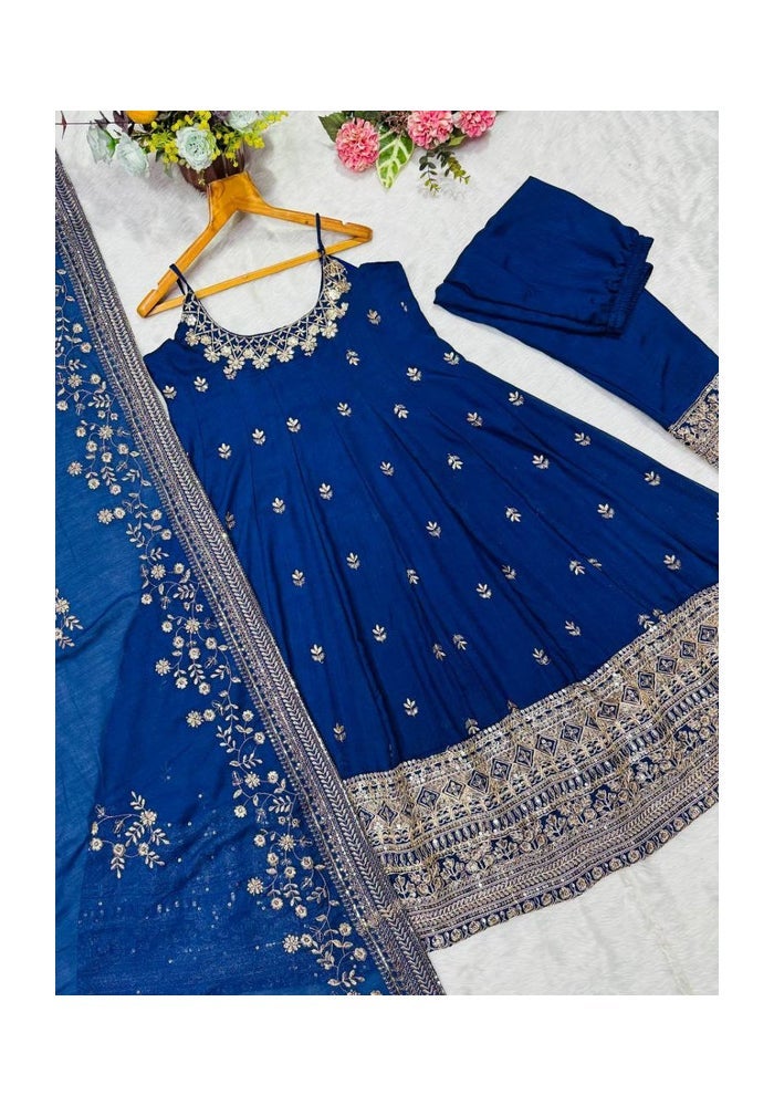 Malishka Export Blue Vichitra Silk Anarkali Kurta Pant for Women - Image 2